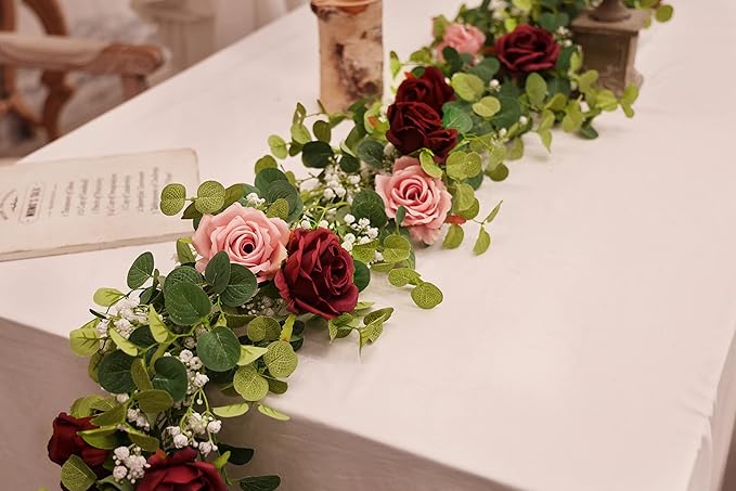 Anna's Whimsy 5.91FT Artificial Eucalyptus Garland with Flowers, Fake Rose Gypsophila, Faux Floral Garland Greenery for Wedding Spring Party Art Table Runner Decor (Pink, 1)