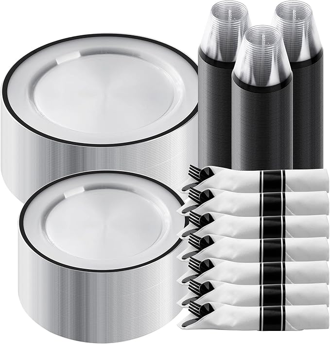 Goodluck 350 Piece Black Plastic Dinnerware Set for Party, Clear Disposable Plates for 50 Guests, Includes 100 Plates, 50 Pre Rolled Napkins with Cutlery Set, 50 Cups, for Graduation Party, Wedding