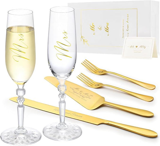 Wedding Cake Cutting Set with Forks, Classical Style Crystal Champagne Flutes Toasting Glasses for Bride and Groom, Wedding Gifts for Couples, Engagement and Bridal Shower Gifts