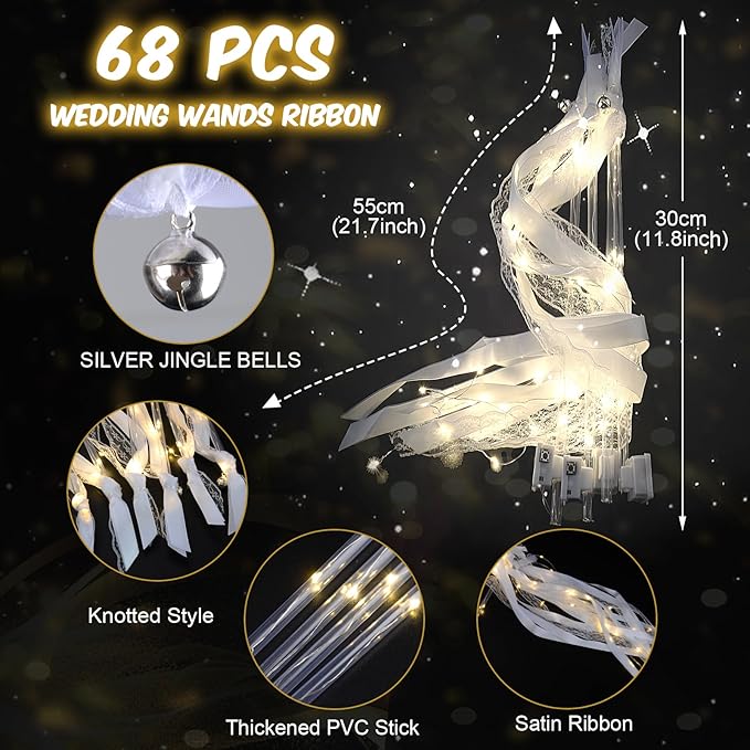 HONLYNE 68PCS Light up Wands for wedding, Wedding Wands Streamers with 3 Colorful Flashing Modes, Fairy Wands, LED Silk Fairy Wand with Bells for Wedding, New Year, Thanksgiving, Concert