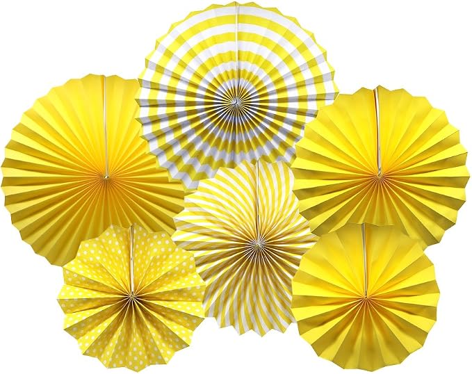 6 Pcs Yellow Paper Fans Party Decorations (16", 12", 8"), Hanging Tissue Paper Streamers for Lemonade Theme Birthday Party, Graduation, Baby Shower, Reusable Fiesta Wall Decor & Photo Backdrop