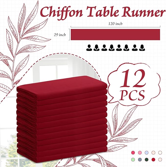 Horbaunal 12 Pack Burgundy Chiffon Table Runners 10FT Sheer Chiffon Runner 29x120 Inches Romantic Boho Rustic Table Runner for Wedding Party Bridal Baby Shower Table Decorations