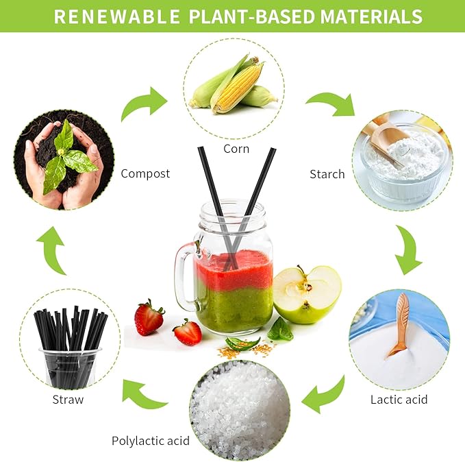 [300 Pcs] Biodegradable Compostable Individually Wrapped Straws - PLA Disposable Plant Based Black Straws (8.25" LongX0.23" Wide)