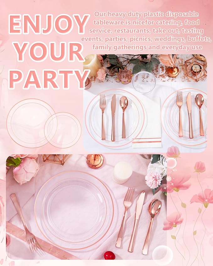 GATHER 700PCS Rose Gold Plastic Plates - Clear Rose Gold Rim Disposable Dinnerware Set Includes 200 Plates, 300 Silverware, 100 Napkins, 100 Cups for Party & Wedding & Mother's Day