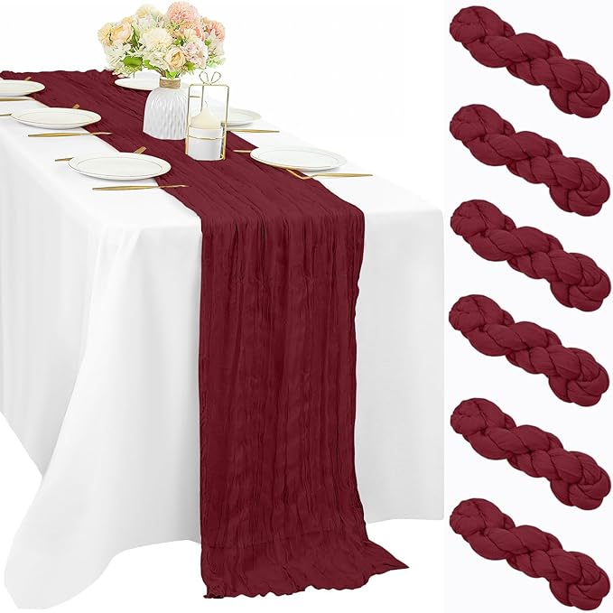 10FT 6 Pcs Burgundy Cheesecloth Table Runner Gauze Fabric Boho Cheese Cloth Table Runner Rustic Semi Sheer Runner for Wedding Holiday Bridal Shower Birthday Party Table Decor (35 x 120 Inches Long)