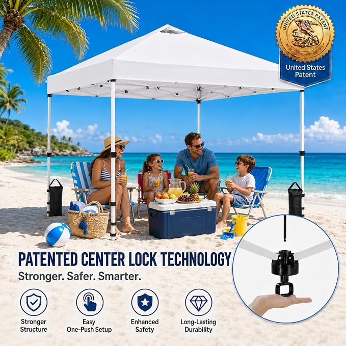 10x10 Pop Up Canopy Tent, Waterproof UV Blocking Heavy Duty Steel Frame with Wheeled Bag & Sandbags, One-Person Setup, Ideal for Outdoor Beach, Party, Camping, Backyard, Tailgate Events (White)