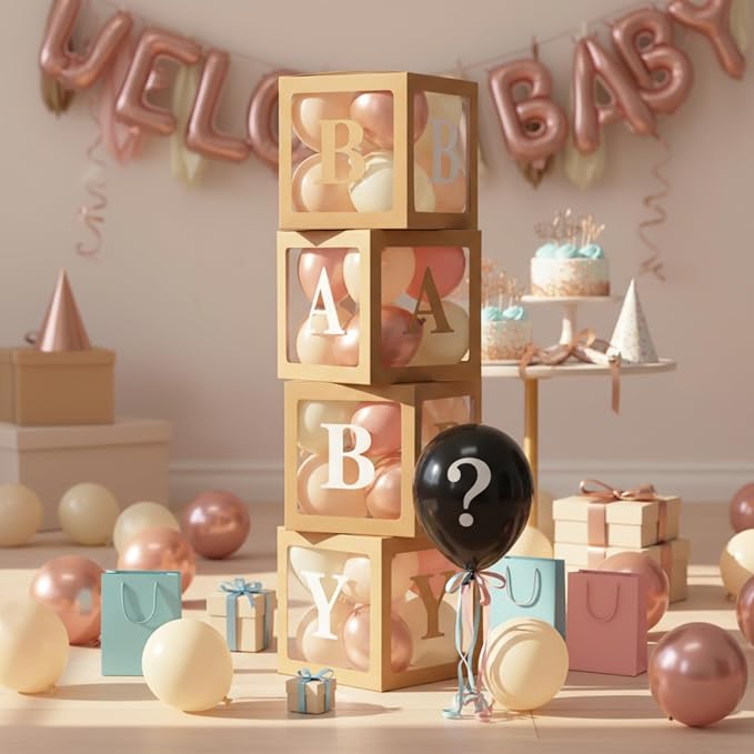 Zhanmai baby Boxes for Bear Baby Shower Decoration with 4 Letters 36 Balloons 4 Transparent Clear Balloon Box Blocks for Boy Girl Gender Reveal Party Favors(Rose Gold,Pink,Apricot,Ivory)