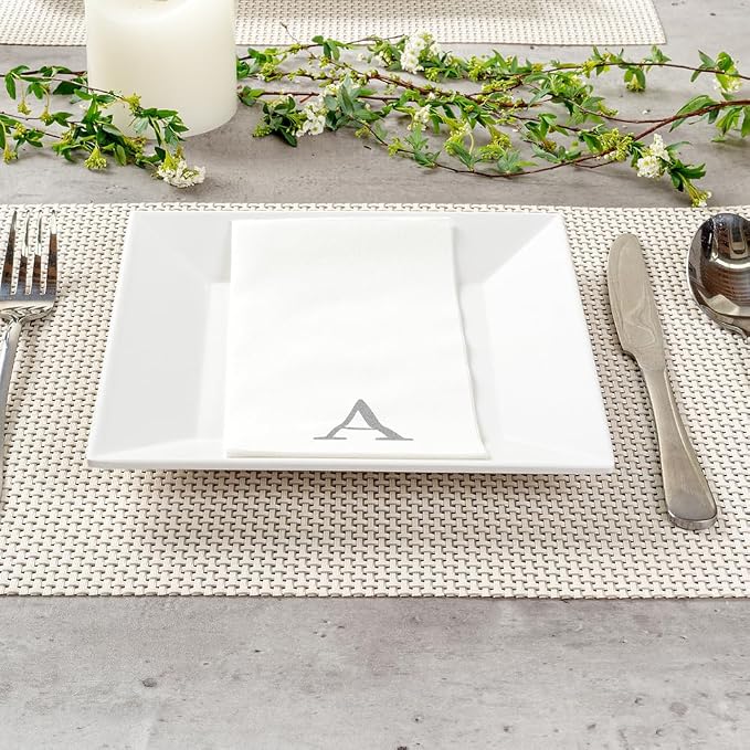 Luxenap 15.8 X 7.9 Inch Linen-Feel Guest Towels, 50 Lettered Hand Towels - Silver Letter 'A', Sans Serif Font, White Paper Dinner Napkins, airlaid, For Restrooms And Tables - Restaurantware