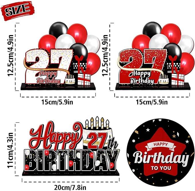 LINGTEER Happy 27th Birthday Red Acrylic Table Topper Centerpieces Set - Cheers to 27 Years Old Birthday 27th Bday Party Gift Decorations.