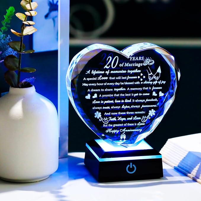 Arikyrist 20th Anniversary Crystal Heart Gifts for Wife Husband, Laser Engraved Romantic 20 Year Wedding Anniversary Keepsake Gifts Ideas for Her Him, 20 Years of Marriage Gift for Couples Friends