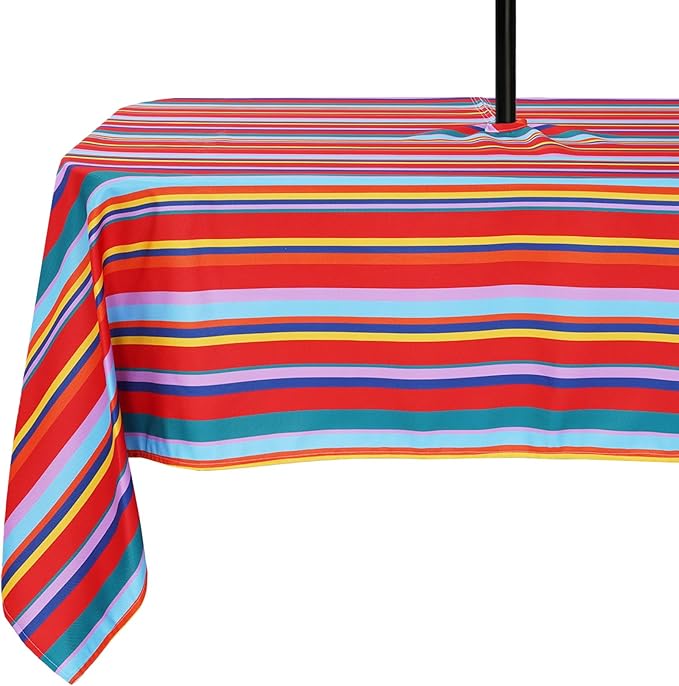 Poise3EHome 60X84 Outdoor Spillproof Rectangle Tablecloth with Umbrella Hole and Zipper for Camping, Picnic, Party, Patio Table, Spring, Color Stripe
