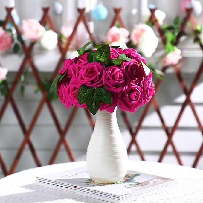 100 Pcs Artificial Foam Rose Flower Faux Bouquet Wedding Fake Rose Gift for Mother's Day Women DIY Bridal Shower Party Table Birthday Home Spring Decor (Hot Pink)