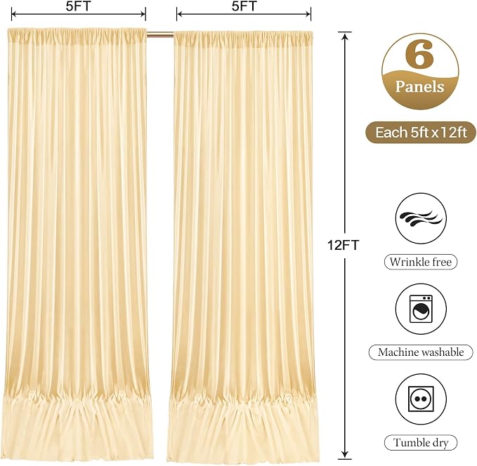 30ftx12ft Wrinkle Free Champagne Backdrop Curtain, 6 Panels 12FT Long Wedding Photo Backdrop Drapes, Silky Polyester Back Drop Cloth for Birthday Photography Background Party Backdrop Draping