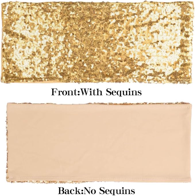 Pack of 100 Stretch Sequin Chair Sashes Chair Bands One-Sided Sequins Decor for Hotel Wedding Reception Party Event Chair Cover Decoration 4"x16" - Light Gold