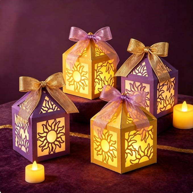 16 Set Sun Lantern Centerpieces with LED Candles and Ribbon, Elegant Paper Lanterns Table Decor for Princess Girls Birthday Party Wedding Festival Decorations (8 Gold + 8 Purple)