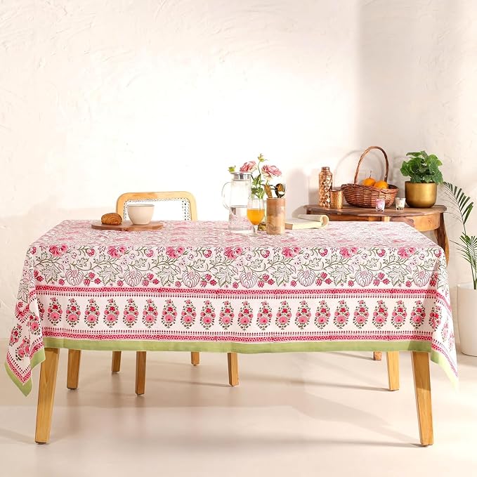 Hand Block Printed Tablecloth, Colorful Floral Print, Indian Artisan Handmade Art, Dining Room, Kitchen, Outdoor Décor, (Peach Rose Bloom, 12 Seater 72 x 135 Inches Rectangle)