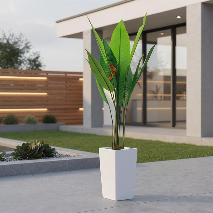 4.7FT Artificial Bird of Paradise Plant Tree with White Tall Planter, Tall Potted Faux Plants Indoor, Decorative Evergreen Tropical Fake Floor Plant for Home Office Living Room Outdoor Front Door