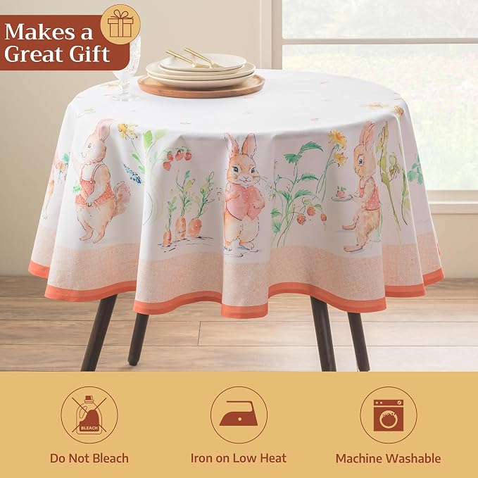 Maison d' Hermine Table Cloth Round Table 100% Cotton 69 Round Inches Tablecloth Reusable Decorative for Dining Kitchen Room Farmhouse Party Home Hotel Restaurant Spring Summer - Bunny Party