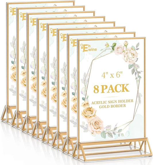 EHWINE 8 Pack 4×6 Clear Acrylic Sign Holder with Gold Borders and Vertical Stand, Double Sided Table Menu Holders Picture Frames for Wedding Table Numbers, Restaurant Signs, Photos and Art Display