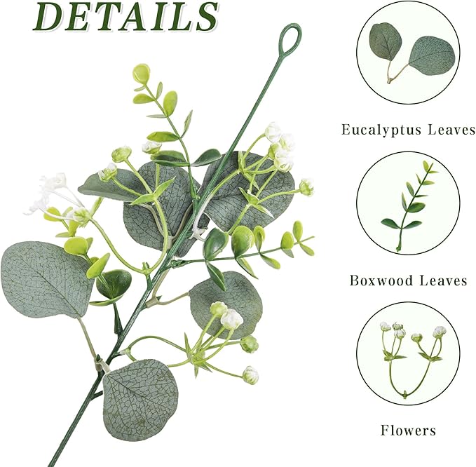 8 Pack Eucalyptus Garland, Faux Plant Artificial Greenery Garland with White Flowers 5.9Ft Eucalyptus Vine Table Centerpiece Decor Fake Vines for Home Mantle Party Wedding Decor Indoor/Outdoor