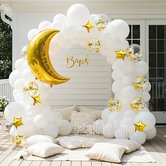 White Balloon Garland Kit - 131pcs White Balloons with Moon and Star, Perfect for Twinkle Twinkle Little Star Baby Shower, Gender Reveal,Birthday Parties, Weddings and Festive Celebrations
