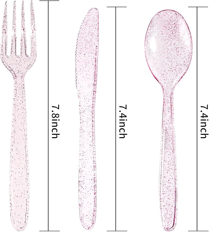 WDF 360 Pink Glitter Plastic Silverware - Disposable Glitter Cutlery - Plastic Silverware inluding 120 Forks, 120 Spoons, 120 Knives for Pink Birthday,Baby Shower