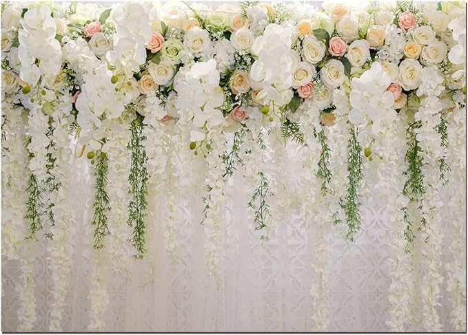 10x8ft White Rose Floral Theme Photography Background Wedding Bridal Shower Wedding Flowers Photo Backdrops Baby Girl Birthday Party Portrait Dessert Cake Table Decor Photo Booth Studio Props