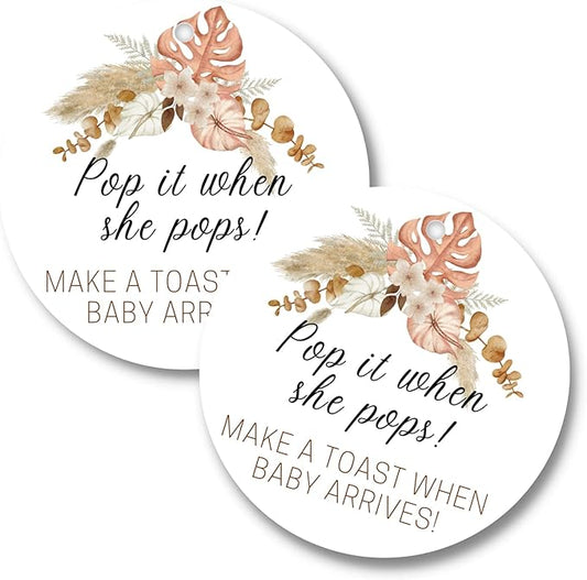 Pop It When She Pops Champagne | 30 Pack | 2.5" Circle Tag With Pre-Cut Hole | Baby Shower Party Favor | Boho Flower Design