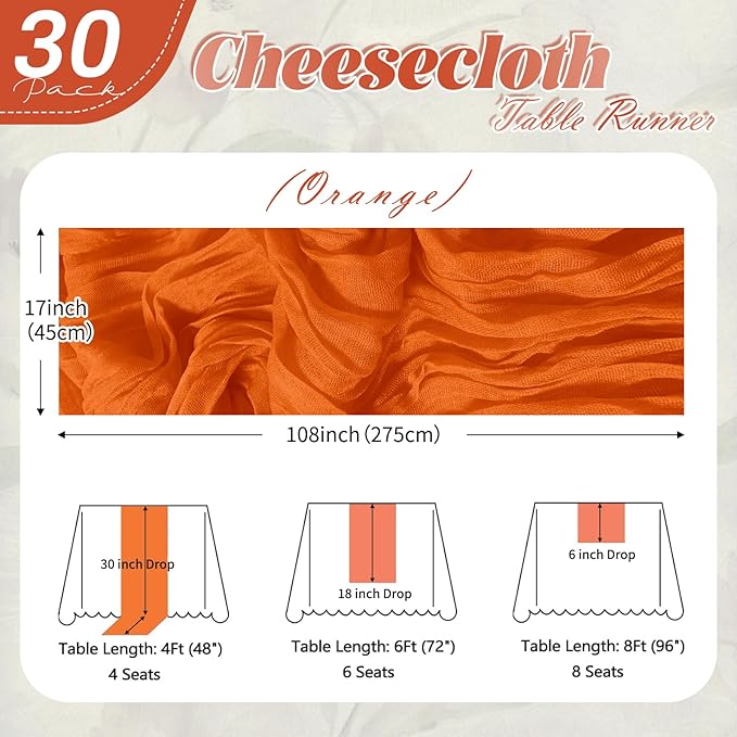30 Pack Orange Cheesecloth Table Runner 17 x 108 inch Cheese Cloth Table Runners 9ft Orange Table Runner Rustic Romantic Sheer Gauze Runner for Wedding Party Baby Shower Table Decoration