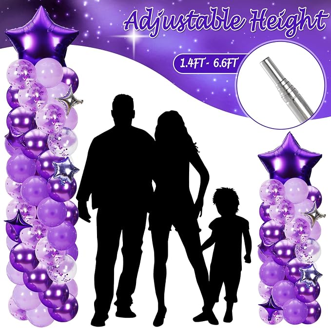 Gejoy 110 Pcs Purple Silver Balloons Column Stand Kit Adjustable Tower Stand from 1.4 to 6.6 ft with Bases for Back to School Wedding Birthday Baby Shower Party