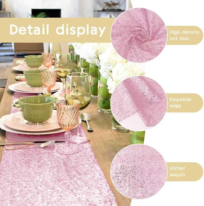 6 Packs 12 x 72 inches Sequin Table Runner, Pink Glitter Table Runner for Birthday Party Supplies Wedding Engagement Baby Shower Holiday Celebration Event Decorations
