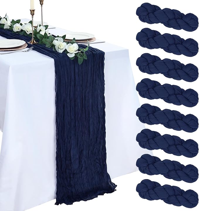 8 Pack Navy Blue Cheesecloth Table Runner 10ft Boho Gauze Fabric 120 Inch Cheese Cloth Table Runner Rustic Sheer for Holiday Baby Shower Party Décor Home Wedding Decoration
