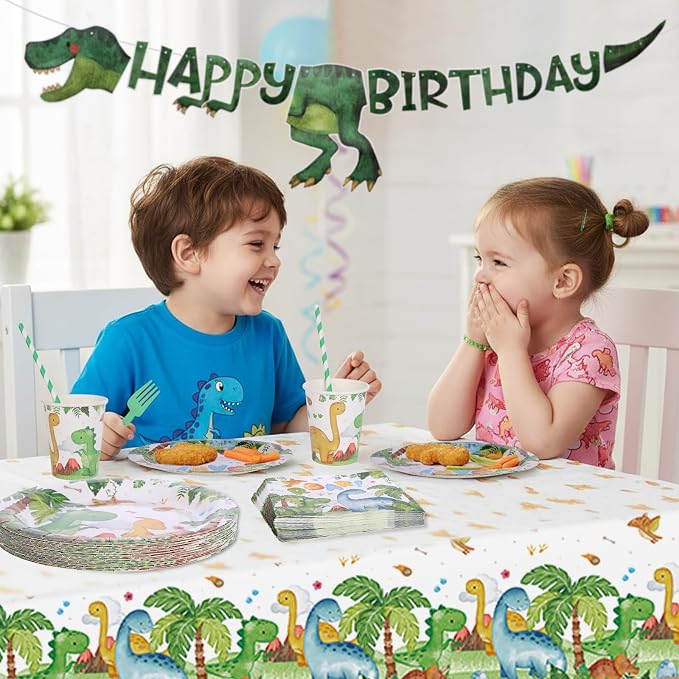 194 Pcs Dinosaur Birthday Party Supplies Dinosaur Paper Plates Napkins Cups Forks Tablecloth Banner Baby Shower Decorations Tableware Theme Serve 24