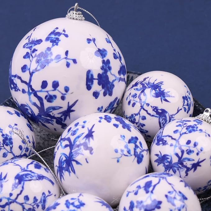10 Pcs Chinoiserie Ornaments Ball White Blue Hanging Christmas Plastics Ball Decoration DIY Party Xmas Tree House Holiday Wedding Party Garden Baubles Decor