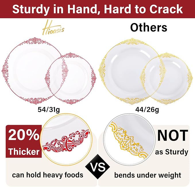 Hioasis 175pcs Clear and Red Plates - Red Party Plates for 25 Guest, Include 50 Heavy-duty Plates(20% Thicker Than Standard), 25 Pre Rolled Gold Plastic Silverware Set, 25 Cups