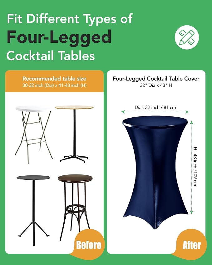 Cocktail High Top Table Covers - 32x43 Inch Fitted Spandex Round Cocktail Tablecloth for Bar Height Standing Table Cloths Reusable, for Party Wedding Banquet Event Decorations, Shiny Navy, 8 Pack