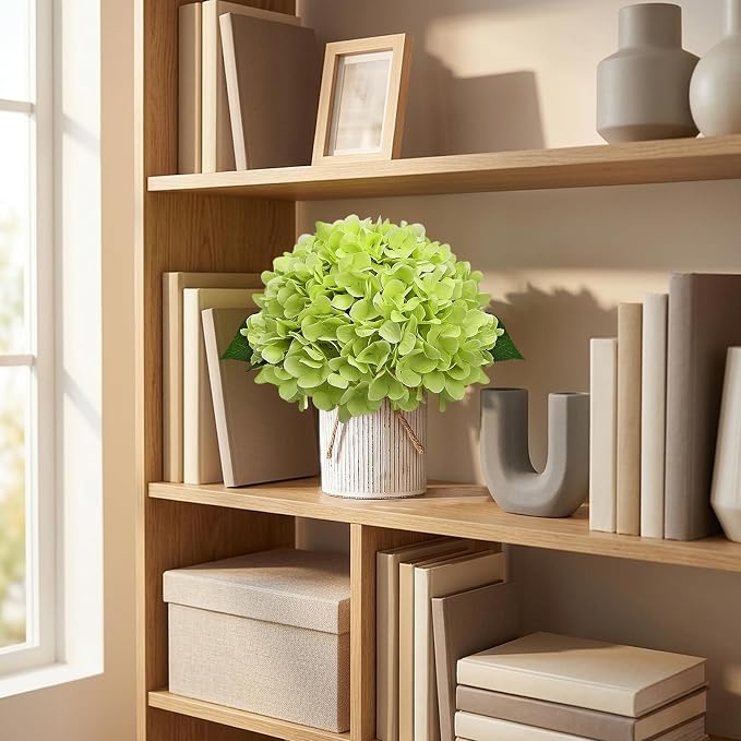 Flower Table Centerpieces - Set of 6 Floral Arrangement Artificial Wedding Hydrangeas Floral Arrangement with Rustic Metal Vase for Bridal Tea Party Event Decorations - Light Green
