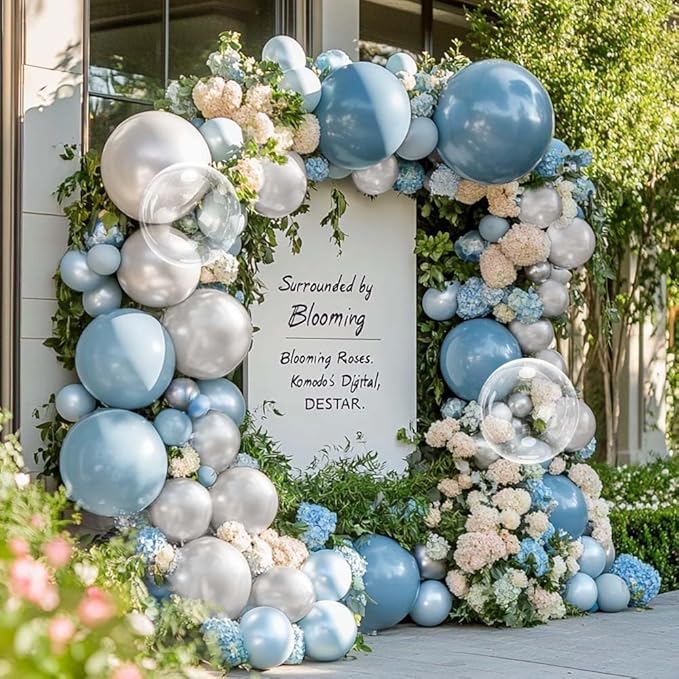 Dusty Blue and White Balloons Garland Double Stuffed Pearl Light Blue Bobo Balloon Arch Kit for Birthday Baby Shower Wedding Bridal Cinderella Frozen Winter Party Decorations