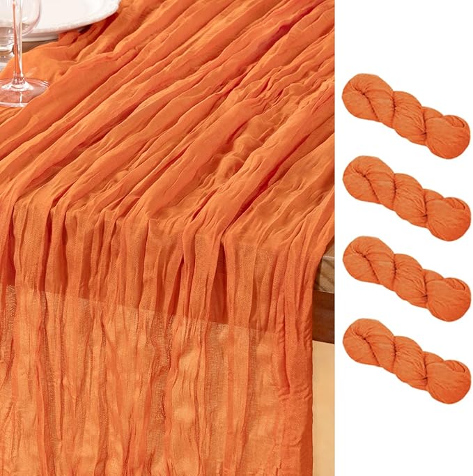 DeZerlor Orange Cheesecloth Table Runner 4 Pack Spring Easter Table Runners Boho Gauze 120 Inches Cheese Cloth Table Decor for Wedding Bridal Baby Shower Parties