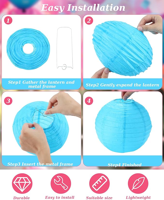 Treela 48 Pcs Paper Lanterns Party Decorations Chinese Round Paper Decor 4/6/8/10 Inch Asian Hanging Lamps Decorative for Graduate Wedding Birthday Party Bridal Parties Supplies(Pink and Blue)