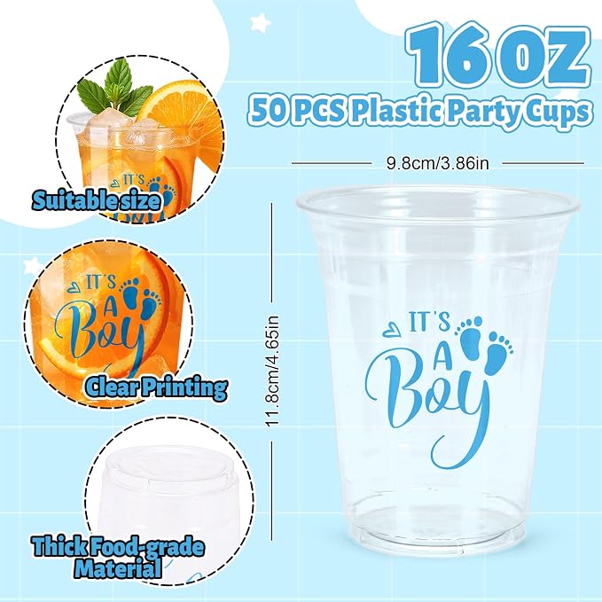Whaline 50 Pcs Baby Shower Plastic Cups 16oz It's A Boy Clear Drinking Cup Blue Boy Gender Reveal Disposable Cups for Birthday Party Table Decoration Supplies