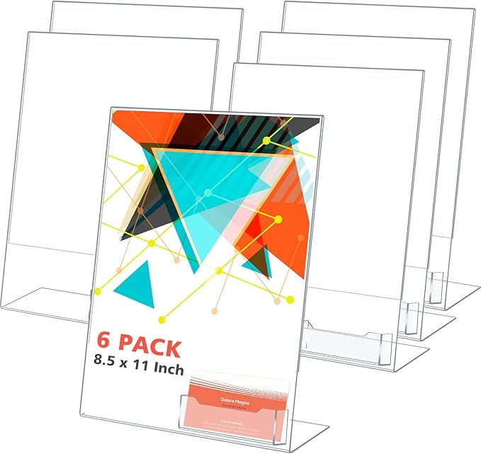 Crtiin 6 Pcs Acrylic Slanted Sign Holder with Business Card Holders Clear Display Stand Flyer Stand with Gift Card Holder for Office Table Advertisement Brochure (8.5 x 11 Inch,Side Insert)