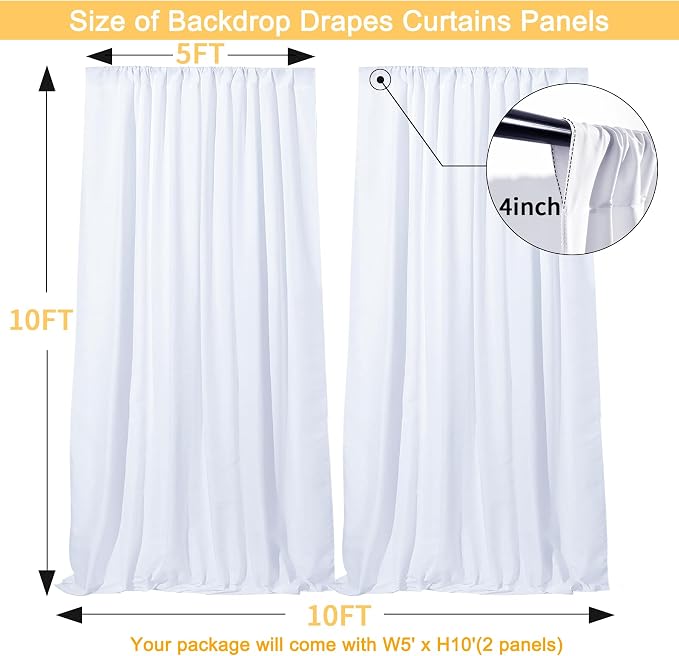 Gallety White Backdrop Curtain for Wedding, Photo Backdrop Curtains for Bridal Shower Decorations - 10FT x 10FT White Curtain with Rod Pockets for Celebration,Birthday Parites,Graduations Decor