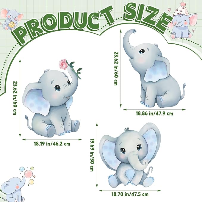 3Pcs Elephant Baby Shower Decorations, Large Baby Elephant Cardboard Cutouts Standup, Blue Cartoon Birthday Party Signs for Photo Booth Props Backdrops Decor Displays Party Supplies