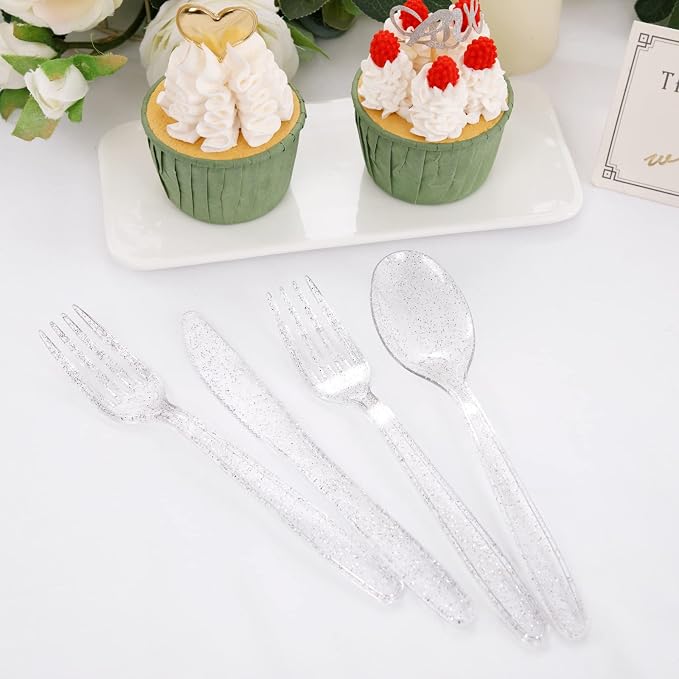 WDF 360 Silver Plastic Silverware- Disposable Silver Glitter Plastic Cutlery - Disposable Silverware including: 120Forks, 120Spoons, 120Knives for Christmas
