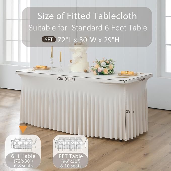 4 Pack Beige Spandex Tablecloths for 6 Foot Rectangle Tables, Wrinkle Free Stretchy Table Cloths 6ft Fitted Table Cover DeskSkirt for Weddings Birthday Party Banquet Baby Shower
