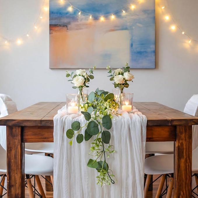 6 Sets 9.8ft White Cheesecloth Table Runner with 5.9ft Artificial Eucalyptus Garland Rustic Boho Wedding Greenery Garland for Table Outdoor Wedding Arch Baby Showers Bridal Party Decor
