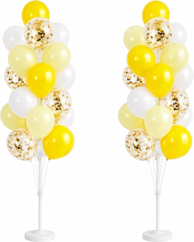 Hiins Balloon Column Kit Set of 2 With Pastel Yellow White Gold Confetti Balloons with Base,Pole,Balloon Tower Backdrop Decoration for Bee Lemon Wedding,Baby Shower,Birthday Party,Bachelorette Party