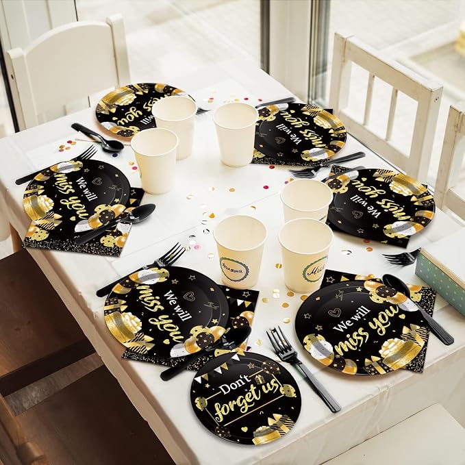 96pcs We Will Miss You Party Paper Plates Napkins Farewell Party Decoration Going Away Party Disposable Dinner Tableware Gold Black Goodbye Party Supplies Graduation Leaving Retirement Party 24 Guests