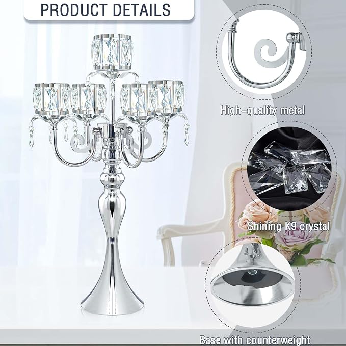 5 Arm Elegant Crystal Candle Holder,Candlestick for Wedding Table Centerpiece, 22 Inch Tall Candle Holder Table Candelabra Event Party Table Centerpiece,Home Decoration. (4, Silver, Square Crystal)